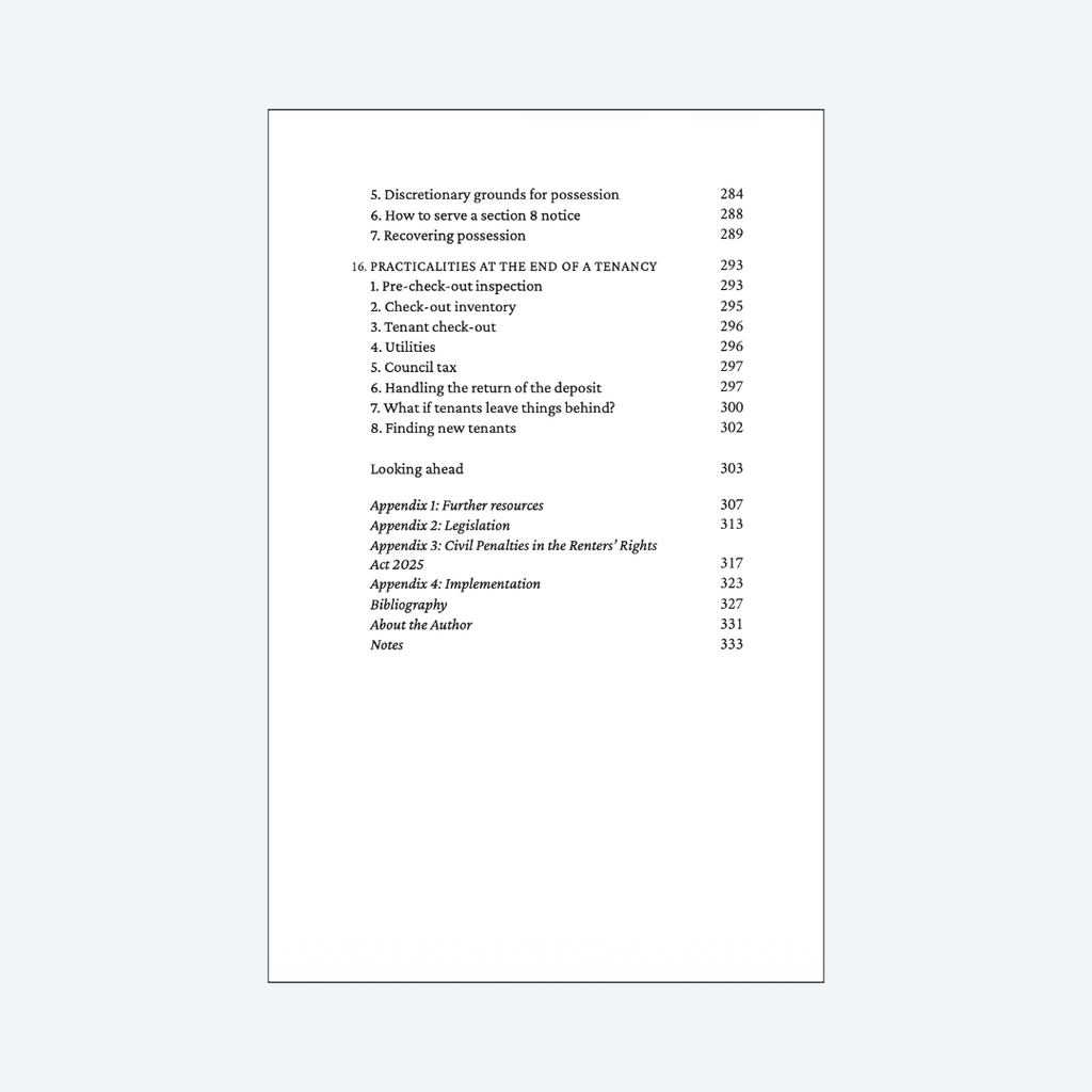 Contents page 4 of The Good Landlord Handbook - Practicalities at the end of a tenancy, Looking ahead and appendices