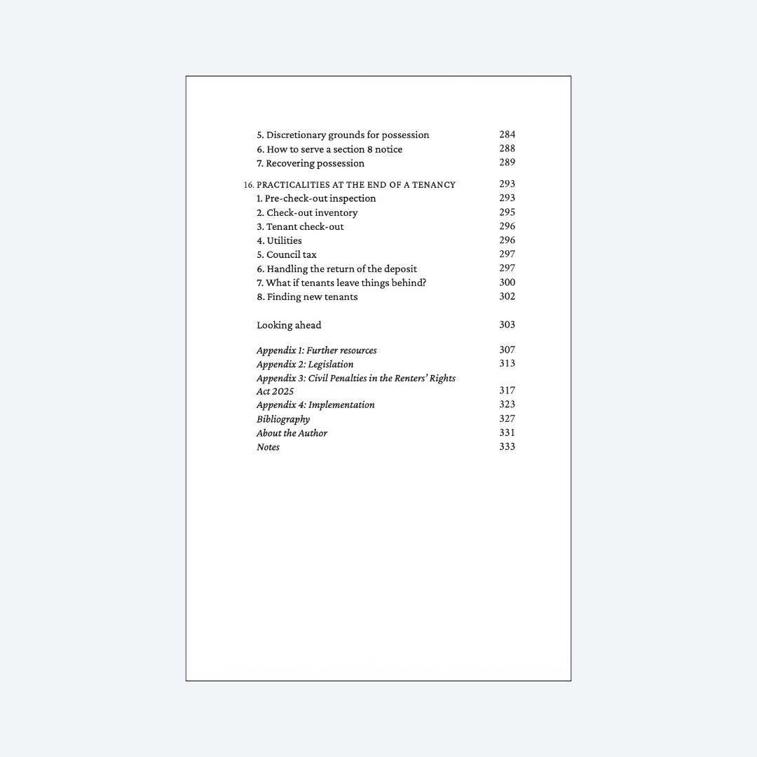 Contents page 4 of The Good Landlord Handbook - Practicalities at the end of a tenancy, Looking ahead and appendices