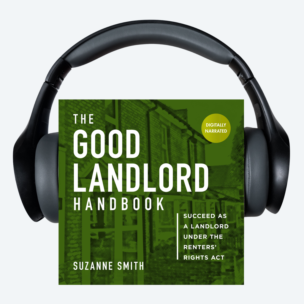 Headphones with 'The Good Landlord Handbook' book cover on a grey background