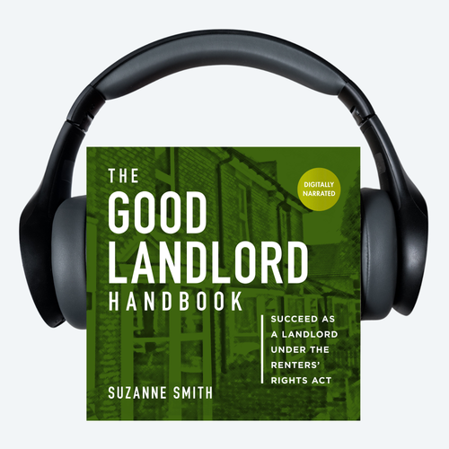 Headphones with 'The Good Landlord Handbook' book cover on a grey background