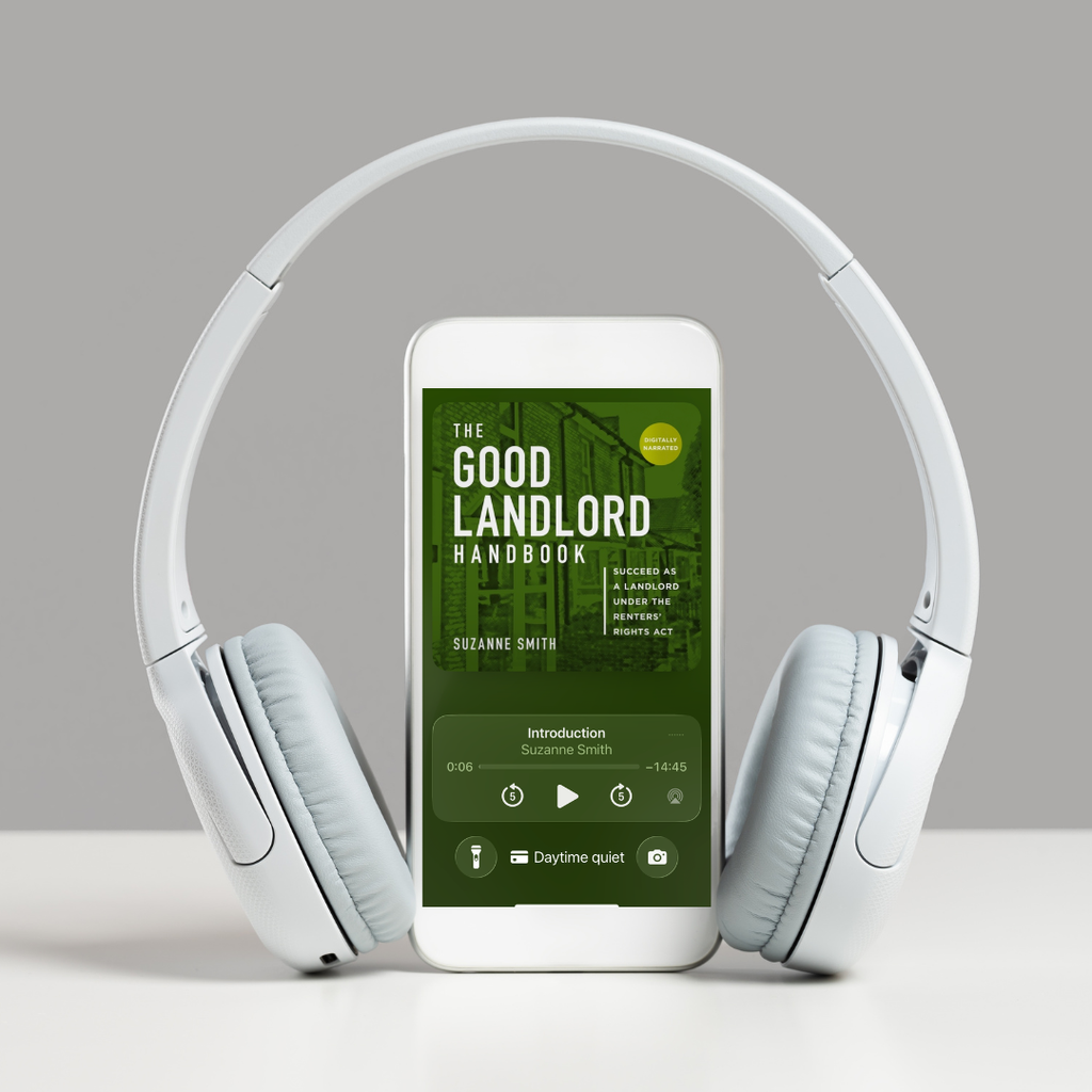 The Good Landlord Handbook audiobook on an iphone, playing on the Bookfunnel app
