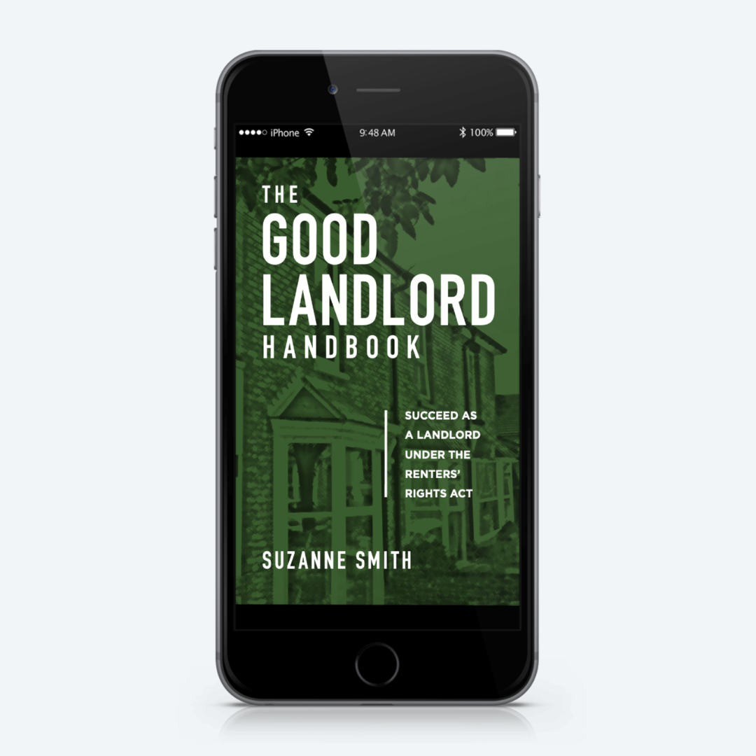 Phone displaying 'The Good Landlord Handbook' on a white background